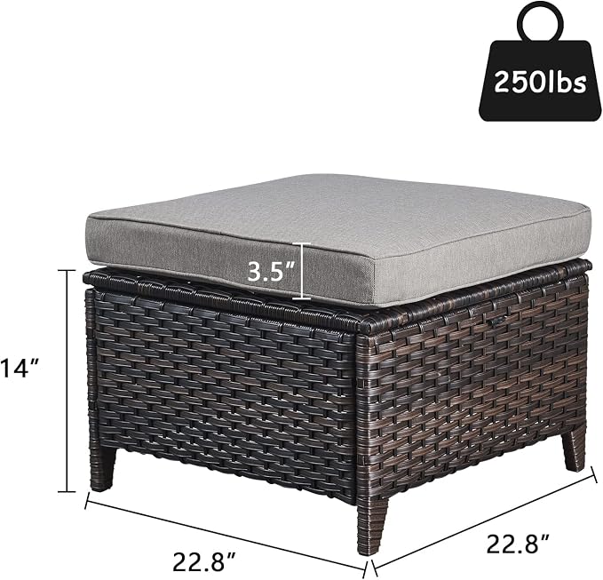 Rilyson Luxury Outdoor Wicker Patio Ottomans Set of 2, 250 lbs Capacity Rattan Large Ottomans for Patio Footrest Set 22.8in*22.8in*14in with 3.5in Thick Cushion (Brown/Grey)