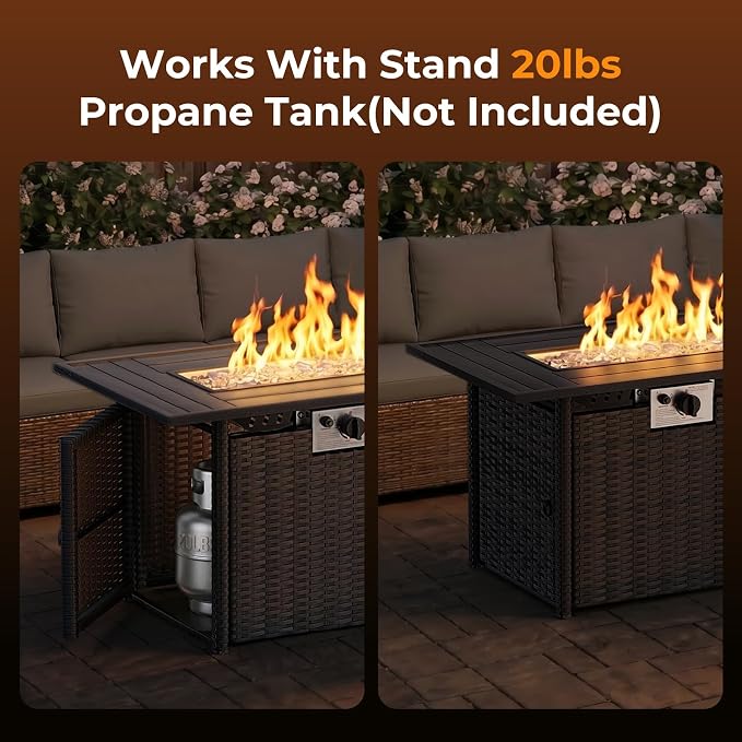 LEVELEVE 8-Piece Wicker Patio Conversation Set with 44" Propane Fire Pit Table, Cozy Outdoor Sectional Sofa for Backyard Gatherings, Poolside Lounging & Garden Parties