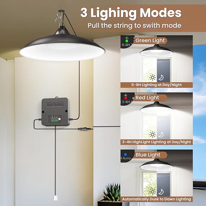 Solar Shed Light Indoor Outdoor with Pull String, 2000LM Daytime Available | Cool White, 3 Lighting Modes Pendant Light, Dusk to Dawn, Solar Lights Indoor, IP65 Waterproof for Barn, Gazebo, Shop, Garage