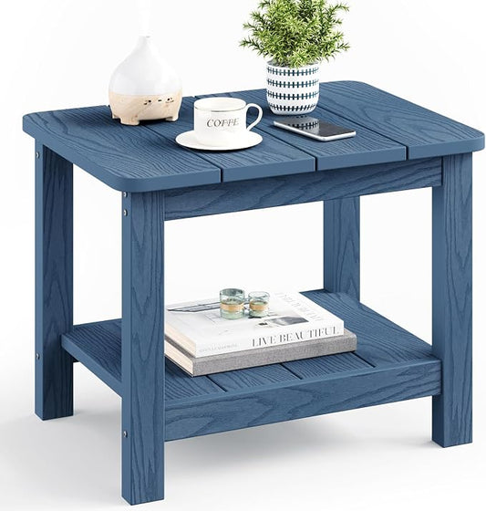18" Outdoor Side Table, 2-Tier Patio Side Table, Weather Resistant, Easy Assembled, HIPS Adirondack Side Table for Backyard, Pool, Indoor, Blue