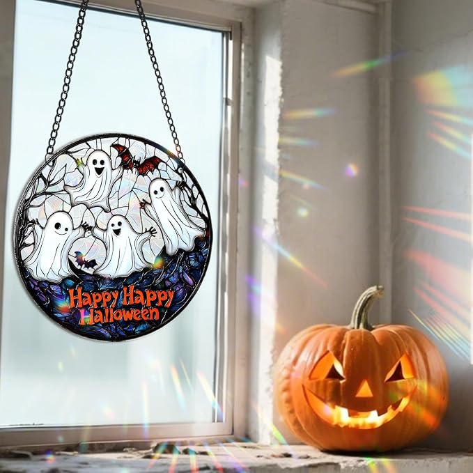 Acrylic Halloween Sun Catcher - 7.87 Inch Ghosts Round Suncatcher for Window Hanging Decoration - Creates Indoor Rainbows Light Refraction - Spooky Ghost, Witch, Pumpkin Design