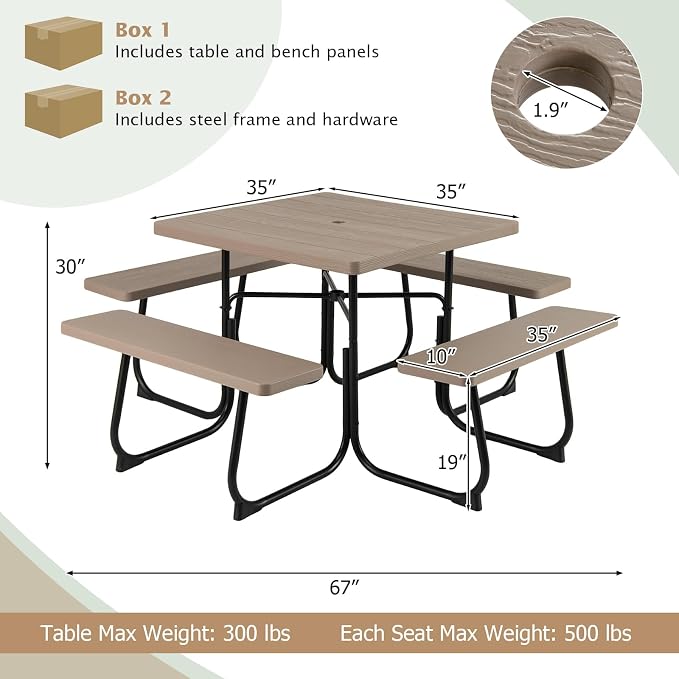 Giantex Picnic Table Bench Set for 8 Persons, Square Outdoor Table and Bench with Umbrella Hole, HDPE Top & Metal Frame, 2000LBS Capacity, Patio Table Set for Deck Yard Garden, Coral Reef