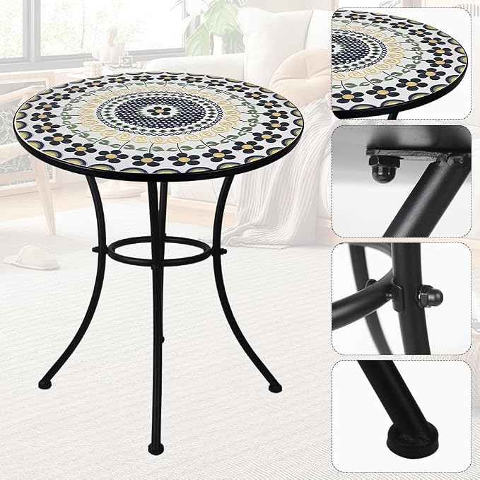 23.6" Outdoor Patio Mosaic Round Table Garden Bistro Accent Table | Ceramic Tile Waterptoof Side End Table Metal Frame Dining Table Furniture for Balcony Backyard Porch Poolside Terrace