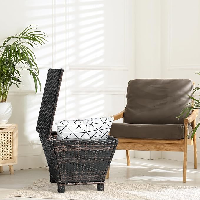 20" Patio Rattan Wicker Side Table,13 Gallon Small Outdoor Rattan Storage Bin,Wicker Side Table,All-Weather Outdoor Storage Box,with Lid,for Garden Porch Deck Backyard (Brown)