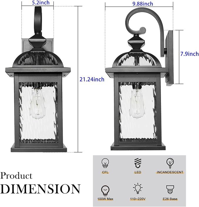 Darkaway Outdoor Lights Fixture Wall Mount, Large 22inch Exterior Wall Light with Water Ripple Glass Waterproof Black Outside Wall Sconce for House Porch Hallway Garage