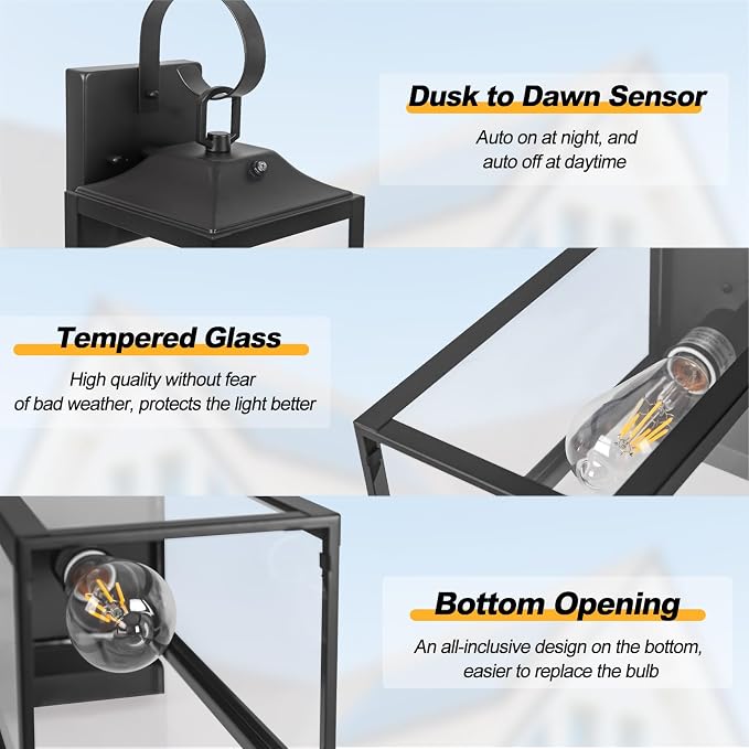 19" Large Dusk to Dawn Outdoor Lighting 2 Pack, Black Sensor Porch Lights | Waterproof Exterior Lighting Fixtures, Modern Wall Lantern, Outdoor Wall Lights Wall Sconce Lamp for House, Doorway, Garage