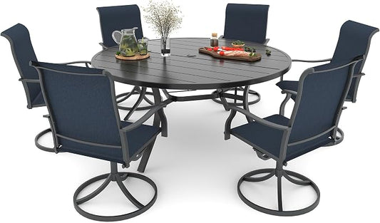 7 Piece Patio Dining Set Larger 54" Round Table NavyBlue Swivel Chairs Sty1 | 6 Piece Swivel Chairs: High Back, Retro Armrest, Textilene Fabric, Rocking; 6 - 8 Person 54'' Metal Round Table