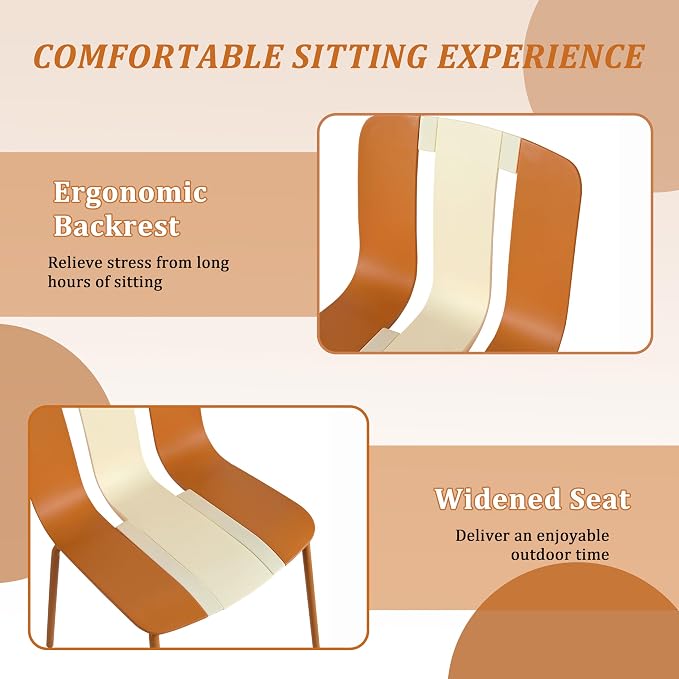 LUMISOL 5 Piece Outdoor Dining Table Set, All Weather Square Table and Chairs Set with Striped Color Block Chairs and Sturdy Metal Legs for Garden, Backyard, Poolside, Beige+Orange+White