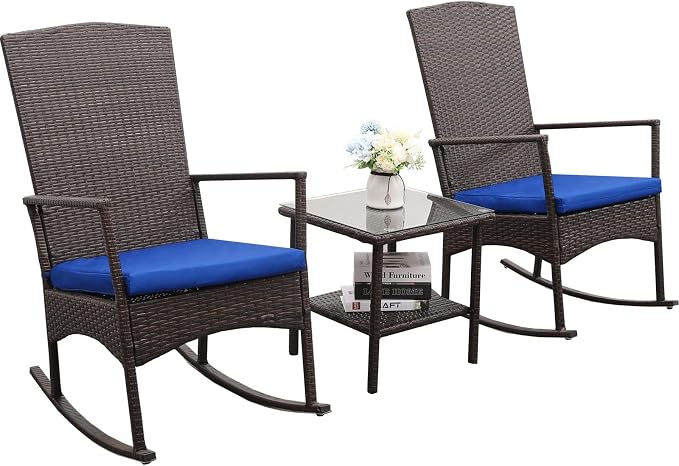Outdoor PE Wicker Rocking Chair 3-Piece Patio Rattan Bistro Set 2 Rocker Armchair and Glass Coffee Side Table Furniture, Washable Lacing Cushion (Royal Blue)