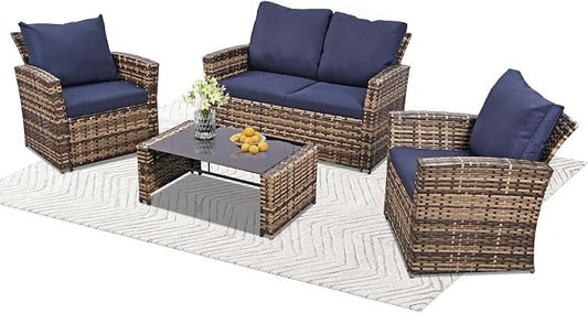 FHFO 4 Piece Outdoor Wicker Patio Furniture Set, Yellow/Blue | Sectional Sofa | All-Weather Hand-Woven Rattan | Tempered Glass Coffee Table | Durable Fabric | Indoor & Outdoor Use