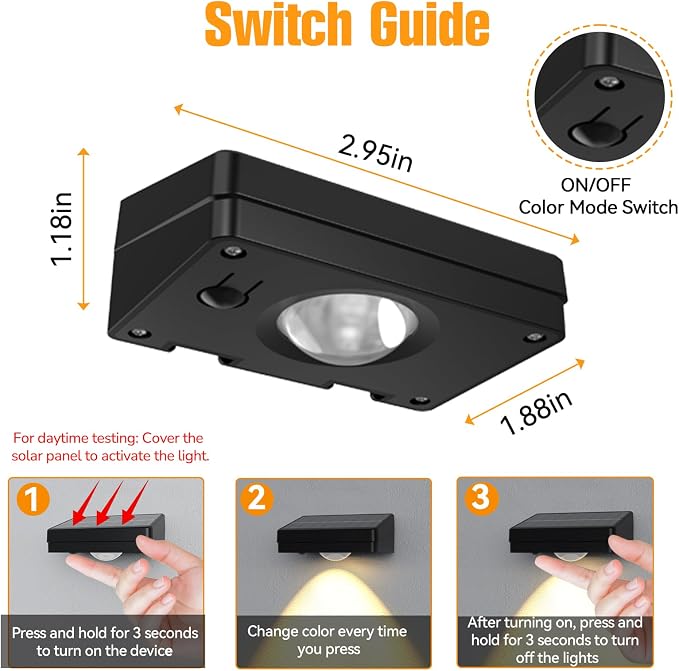 Solar Lights Outdoor,3-Color Solar Lights Outdoor Waterproof | Solar Fence Lights, Auto On/Off, Ip44 Abs Material,30h Runtime No Wiring Needed,Suitable for Gardens,Paths,Fences,Steps.(6P)