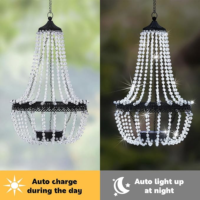 Hanging Solar Lantern Outdoor, 28” Modern Clear Crystal Acrylic Chandelier with 30 Cool White Lights S Hook for Garden, Yard, Patio, Gazebo Decorations