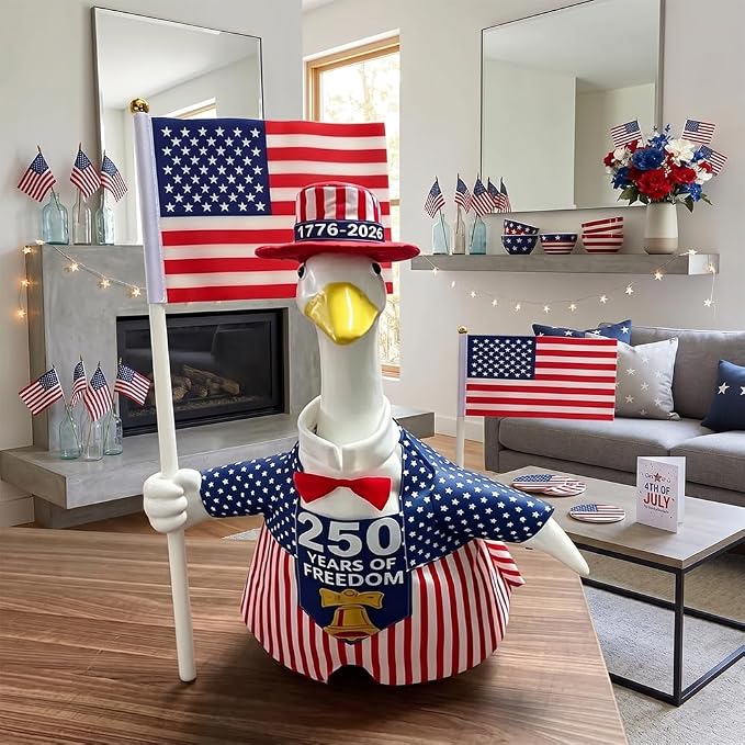 Patriotic Porch Goose Outfits for 23" H Lawn Statue, 4th of July Porch Goose Outfit Anniversary Sign Flag Goose Clothes Costume for Independence Day & Memorial Day Outdoor Garden Yard Patio Decor