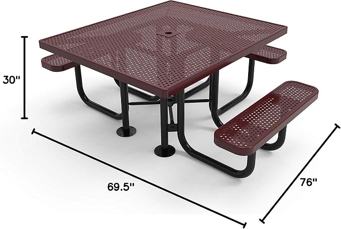 COATEDOUTDOORFURNITURE Heavy-Duty Portable ADA-Compliant Outdoor Picnic Table with Umbrella Hole, Punched Steel Patio Dining Furniture Made in America (46" Square Top, Burgundy)