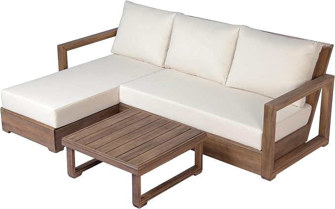 Christopher Knight Home 3-Seater L-Shaped Patio Sectional Sofa Set with Coffee Table, Acacia Wood Outdoor Furniture, Floor Seating Modular Couch Set for Backyard Porch Garden Balcony Deck, Beige+Brown