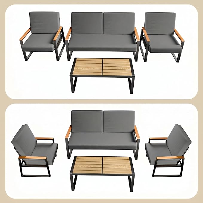 Gizoon 4-Piece Outdoor Patio Furniture Set with Coffee Table and Removable Cushions, Metal Patio Conversation Set for Family, Yard, Poolside (Gray)