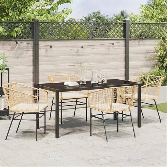 Afuera Living 5 Piece Poly Rattan Patio Dining Set, Brown Finish, Durable Powder-Coated Steel Frame, Easy-Clean Glass Tabletop, UV-Resistant, Outdoor Garden Furniture for 4-Person Seating