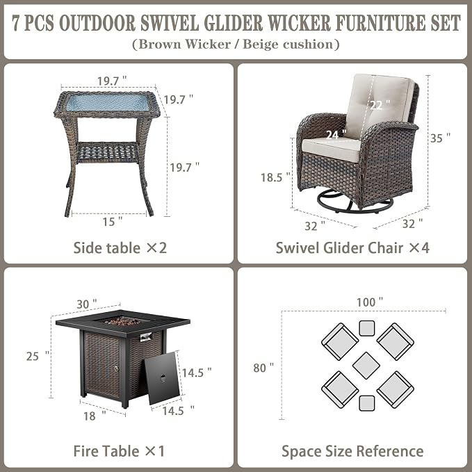 Belord 7 Piece Wicker Patio Furniture Set with 30" Fire Pit Table - Outdoor Swivel Rocker Chairs Set of 4 with Glass Side Tables Set of 2, Patio Conversation Set for Casual Gathering Brown/Beige