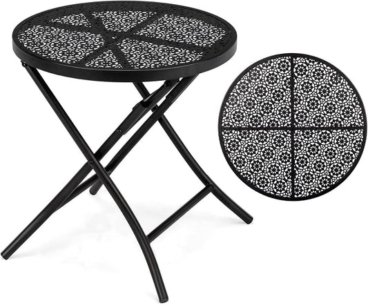 VINGLI Outdoor Folding Side Table with Chic Hollow Pattern and Durable, Rust-Resistant Coated Iron Patio Bistro Table Suitable for Indoor & Outdoor Porch, Deck, Balcony and Pool,Black