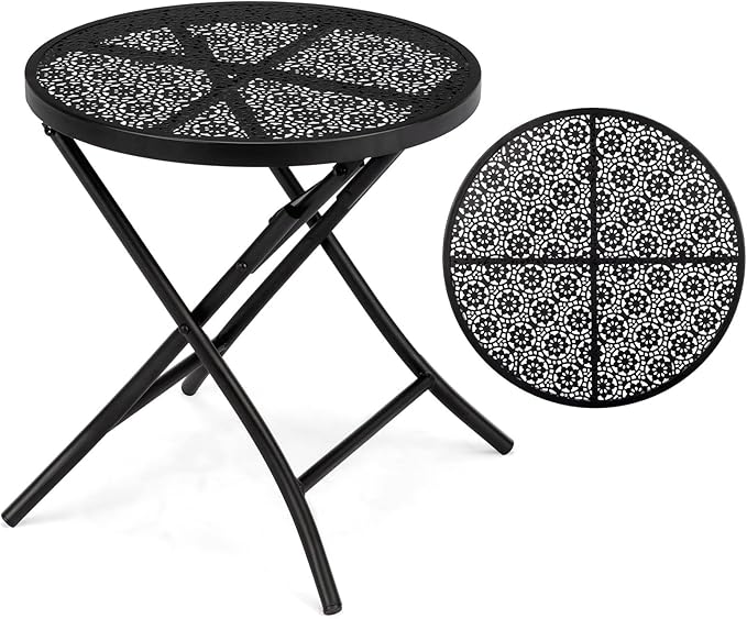 Folding Outdoor Side Tables, Small Patio Table Round Metal End Table with Flower Cutouts for Porch Yard Balcony Deck Lawn, Black