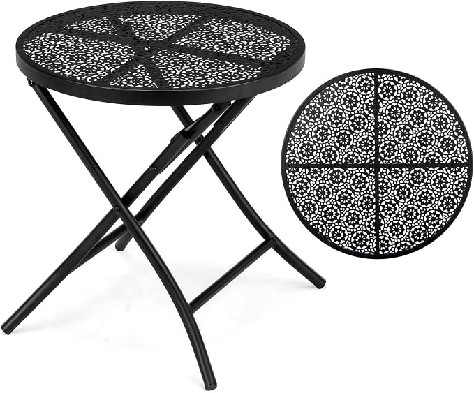 Patio Folding Side Table, Round Outdoor End Table,18 inch Folding Patio Side Table, Metal Steel Outdoor Round Coffee Table with Flower Cutouts for Patio Yard Balcony Garden, Black