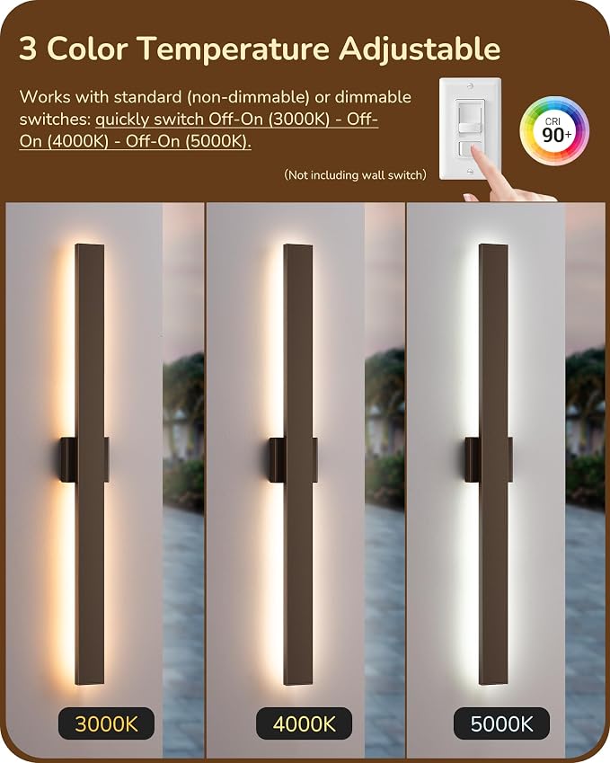 EDISHINE 2 Pack Modern Outdoor Wall Lights Dimmable, 39.3" Rectangular Outdoor Wall Sconce, 3CCT, Iron & PC, IP65 Waterproof, Long Front Porch Light for Patio, Yard, Oil Rubbed Bronze