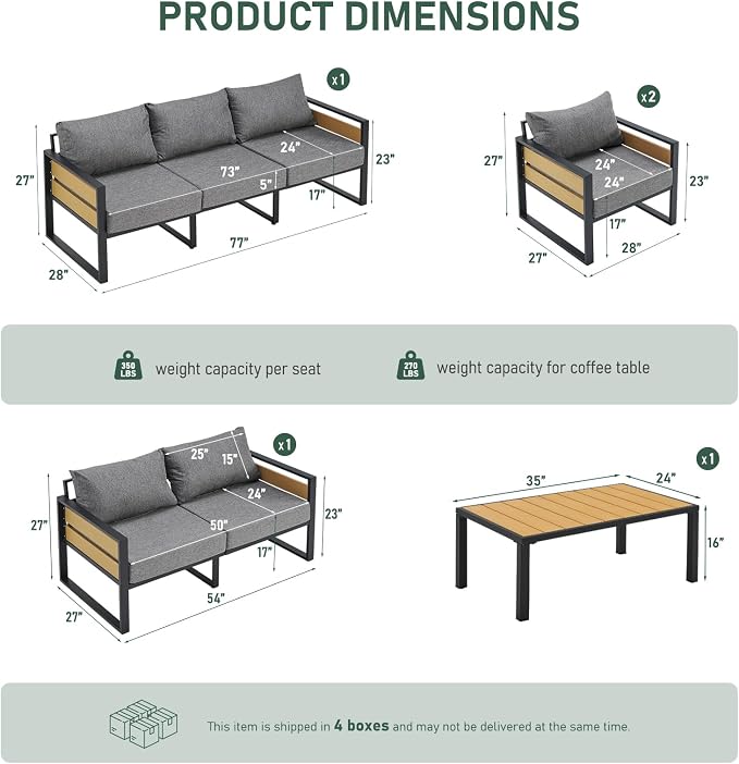 Furnimart Patio Furniture Set, 3-Piece Metal Outdoor Sectional, 2-Seat Patio Conversation Set with Deep Seating, Thick Cushions & Coffee Table for Backyard, Porch & Deck, Gray