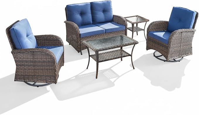 5 Piece Patio Furniture Set - Wicker Patio Conversation Set with Swivel Glider, Glider Loveseat, Tempered Glass Side Table and Coffee Table for Deck Backyard - Brown Wicker Blue Cushion