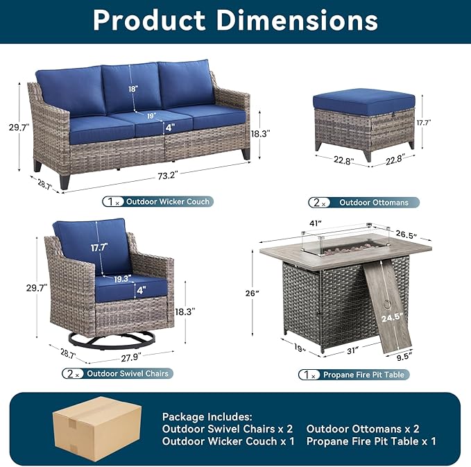 Patio Furniture Set with 42.5" Fire Pit Table-6 Pieces All Weather Wicker Outdoor Furniture with High Back Swivel Patio Chairs Set of 2 Outdoor Patio Conversation Sets for Deck Backyard Blue/Gray