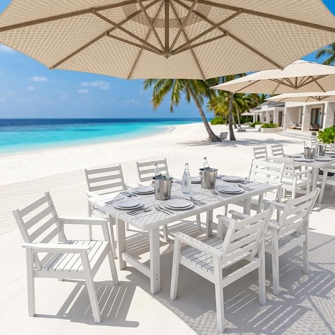 7-Piece Outdoor Dining Set, All-Weather HDPE Patio Furniture, 66.5" Slatted Table with 1.6" Umbrella Hole & 6 Ergonomic Armchairs, Heavy Duty 350lbs Capacity, UV Resistant, White