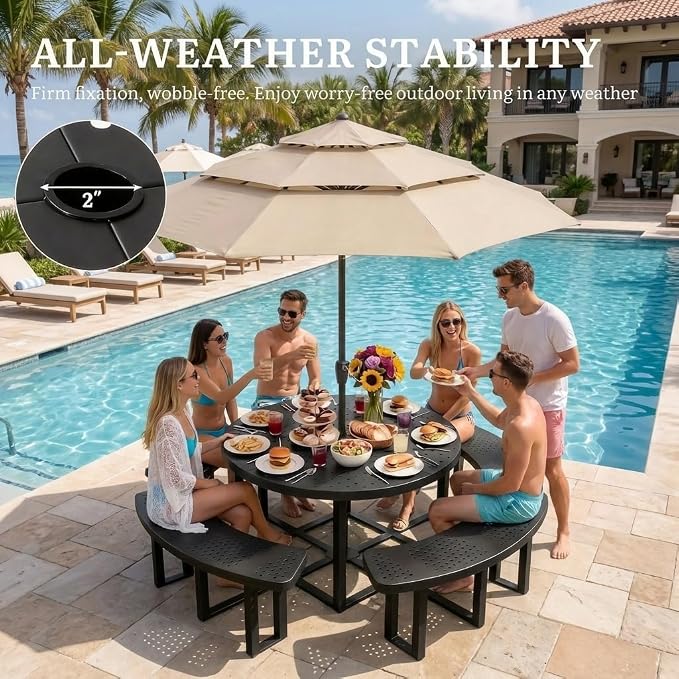 DWVO 38" Round Metal Picnic Table with Umbrella Hole - Heavy Duty Q235 Carbon Steel Outdoor Table Set for Patio, Backyard, and Lawn - Industrial Steel Construction