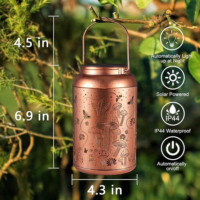 Solar Lanterns Outdoor Waterproof Mushroom Decoration Gifts for Women | Metal Hanging Solar Lights Birthday Gifts for Grandma Mom Solar Decoration Outside for Yard, Patio, Backyard, Porch