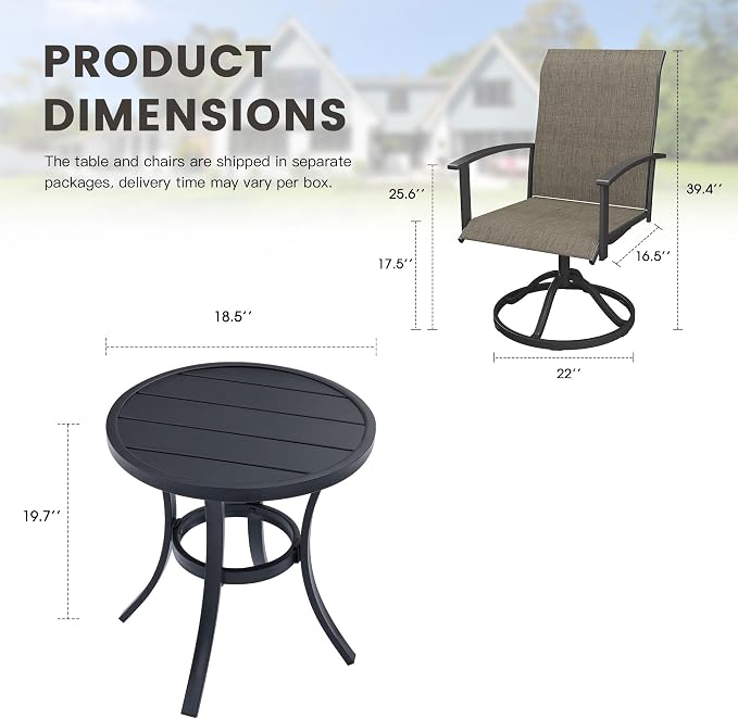 3 Pieces Small Patio Dining Set, Outdoor Furniture of 18.5" Round Patio Side Table & Patio Swivel Chairs for Backyard Lawn Garden, Black Table and Mixed Brown Chairs