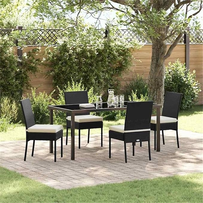 Afuera Living 5 Piece Poly Rattan Garden Dining Set, Black Finish, Powder-Coated Steel Frame, Durable UV-Resistant Materials, Removable Cushions, Modern Outdoor Patio or Garden Seating for 4