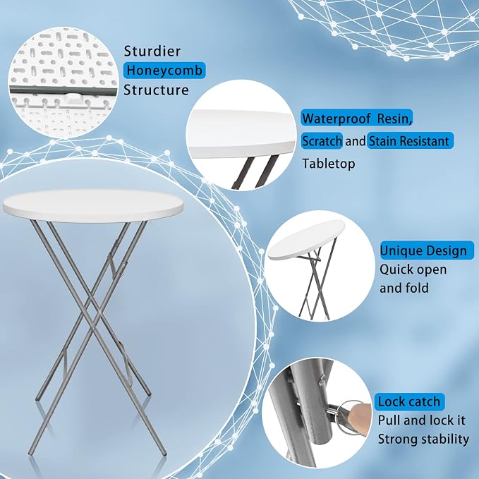 GUAGUA 32" Round Plastic Folding High Top Table - Versatile Bar, Cocktail & Portable Pub Table for Parties, Bistro & Events (White Set)