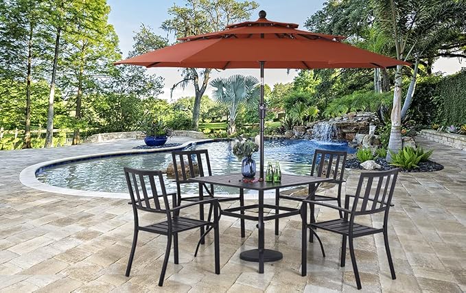 PHI VILLA 5 Pcs Outdoor Dining Set with 10ft Umbrella | 37" Square Metal Dining Table & 4 Stacking Metal Chair with 3 Tier Red Umbrella for Patio, Deck, Yard, Porch