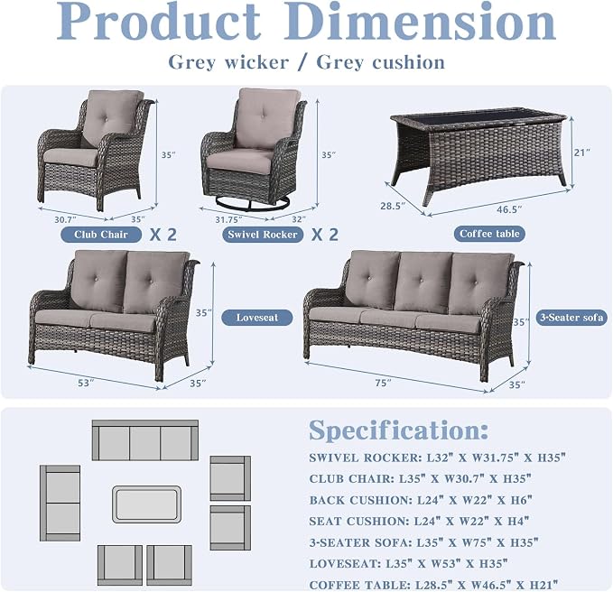 Belord Outdoor Furniture Wicker Conversation Sets - 7 Piece Patio Rattan Furniture Sets with Swivel Rocker Chairs Outdoor Sofa for Porch Deck Backyard Mixed Grey/Grey
