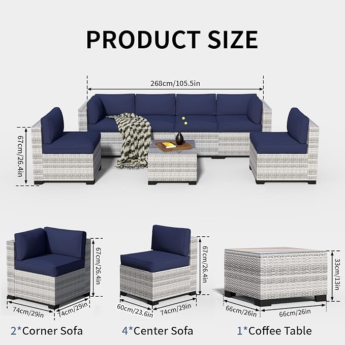 7 Piece Patio Furniture Set, Rattan Outdoor Patio Conversation Sets, Outdoor Sectional Furniture with Thickened Cushion and Coffee Table, for Deck, Backyard, Garden, Off-White & Dark Blue
