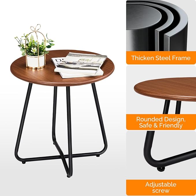 Outvita Indoor and Outdoor Side Table, Small Patio Side Table, Metal Round Portable Waterproof Weather Resistant End Table for Patio, Garden, Balcony, Yard, Wood Grain Color, Set of 2