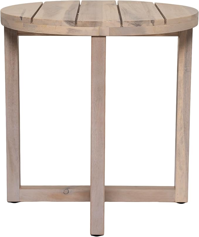 Merax Acacia Outdoor Wood Round Accent Side Table, Cross Base Design with Slat Detailing, Weather-Resistant, Light White