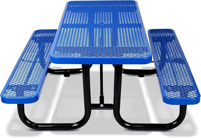 72" Thermoplastic Picnic Table with Umbrella Hole up to 1.5", Heavy Duty Commercial Picnic Table for Outdoor, Family & Party Ready for School Camping, Rectangular, Blue