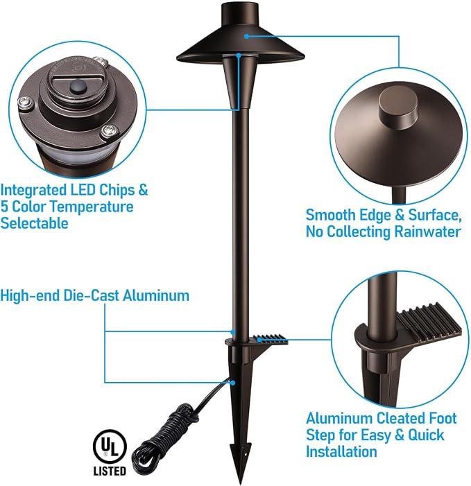 LEONLITE 6-Pack 5CCT Low Voltage LED Pathway Lights, Hat Shape Head | 12-24V AC/DC, IP65, Landscape Path Lights, for Walkway Yard Garden, 1800/2700/3000/4000/5000K, Oil Rubbed Bronze, Aluminum
