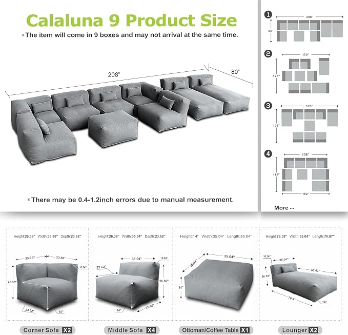 ANNYH Patio Eraclea 9PCS OUTDOOR Furniture Sectional Conversation Set - 2 Lounger 4Middle 2 Corner 1 Ottoman/Coffee - Expansion Foam Filling CHAIRS. UNIQUE Modular Contemporary Sofa (Dark Gray)