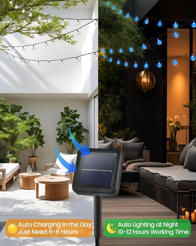 Solar String Lights Outdoor Waterproof 2 Pack 120 LED 72FT Patio Lights | Blue Crystal Globe, 8 Lighting Modes, Auto On/Off, Solar Powered String Light for Outside Yard Wedding Party Tree Decorations