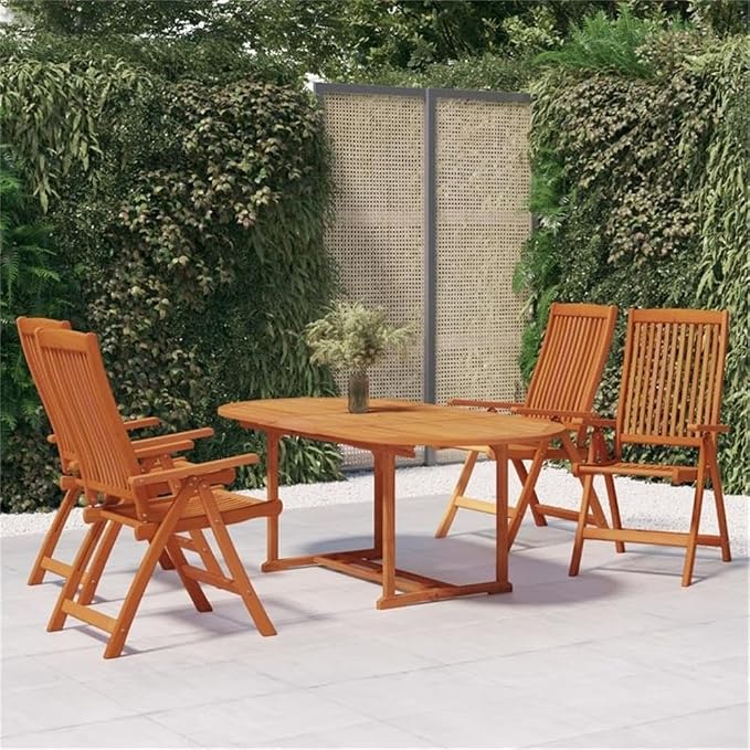 Afuera Living Solid Eucalyptus Wood Patio Dining Set, Reddish-Brown Finish, Foldable Chairs with Multi-Position Backrests, Weather-Resistant, Includes Table and 4 Chairs, Outdoor Garden Deck Dining