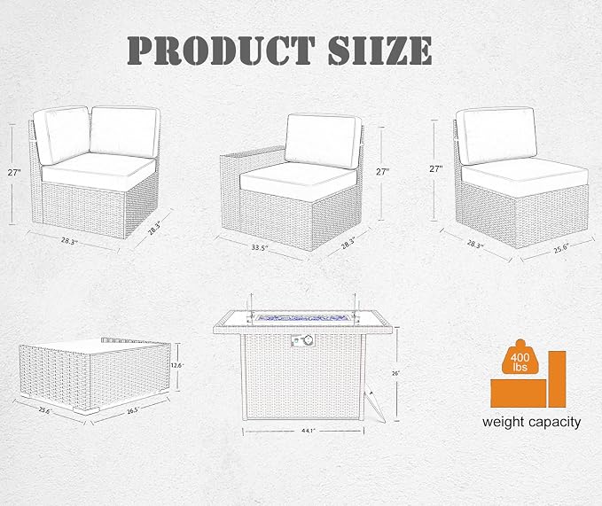 7 Pieces Patio Furniture Set with 44" Propane Gas Fire Pit Table, Outdoor Sectional Brown Rattan Wicker Conversation Sofa Sets with Coffee Table