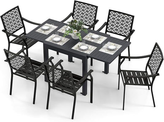 Tangkula 7 Pieces Outdoor Dining Set for 6 with Expandable Table, Patio Aluminum Rectangular Slatted Tabletop Table and Stackable Armchairs, for Deck, Garden, Backyard and Poolside