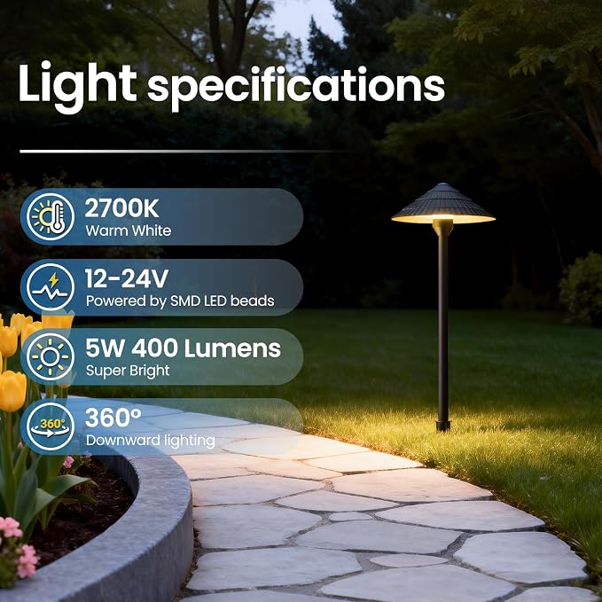 All-in-One Low Voltage Landscape Lighting Kit, 5W Outdoor Lights 2700K | Pathway Lights with 96W Transformer, IP66 Waterproof LED Landscape Lights Dusk to Dawn, Patio Lights for Yard Garden, 12-Pack