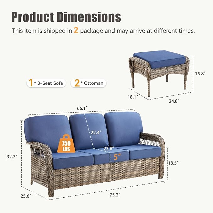Patio Furniture Set, All Weather 3 PCS Wicker Outdoor Small Sectional Set, 5" Thick Rattan Conversation Set with 3-seat Sofa and Ottoman for Lawn, Garden, Blue/Gray Wicker