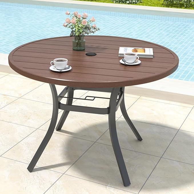 Anmutig Round Outdoor Dining Table, 41-inch All-Weather Patio Table with Adjustable Umbrella Hole for Deck Lawn Garden Backyard Balcony Deck, Metal Frame Slatted Tabletop